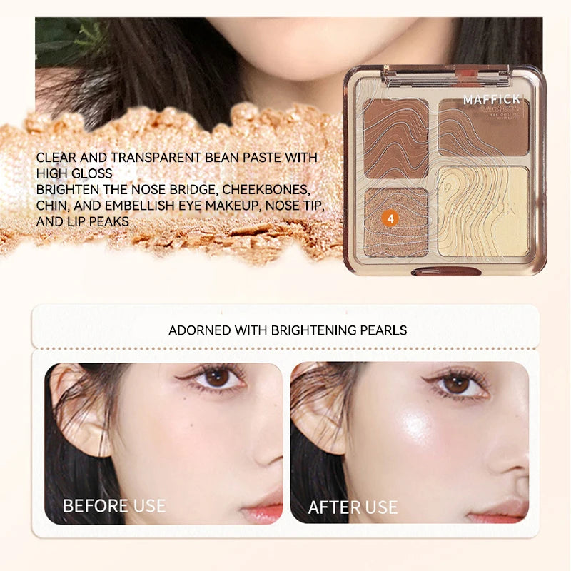 MAFFICK Palette de contour 4 couleurs : éclaircissant mat et reflets scintillants - Palette polyvalente multi-usage pour ombre à paupières, contour,