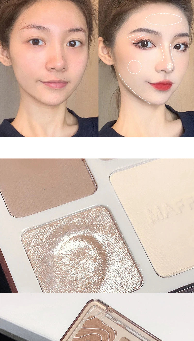 MAFFICK Palette de contour 4 couleurs : éclaircissant mat et reflets scintillants - Palette polyvalente multi-usage pour ombre à paupières, contour,