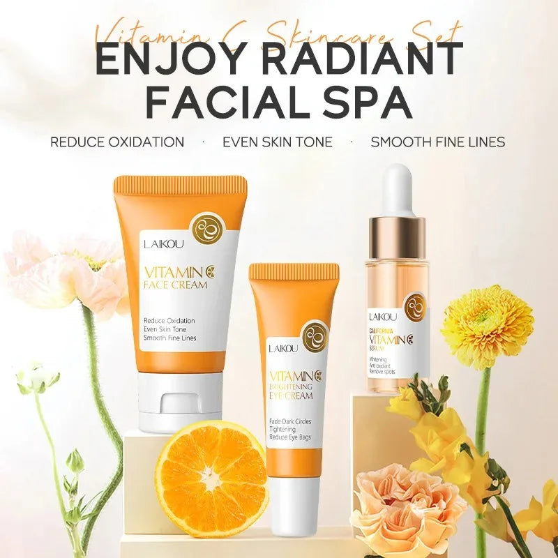 3 pièces/ensemble LAIKOU ensemble de soins de la peau vitamine C Sakura escargot Essence sérum & crème pour les yeux & crème pour le visage hydratant taille de voyage ensemble de soins de la peau