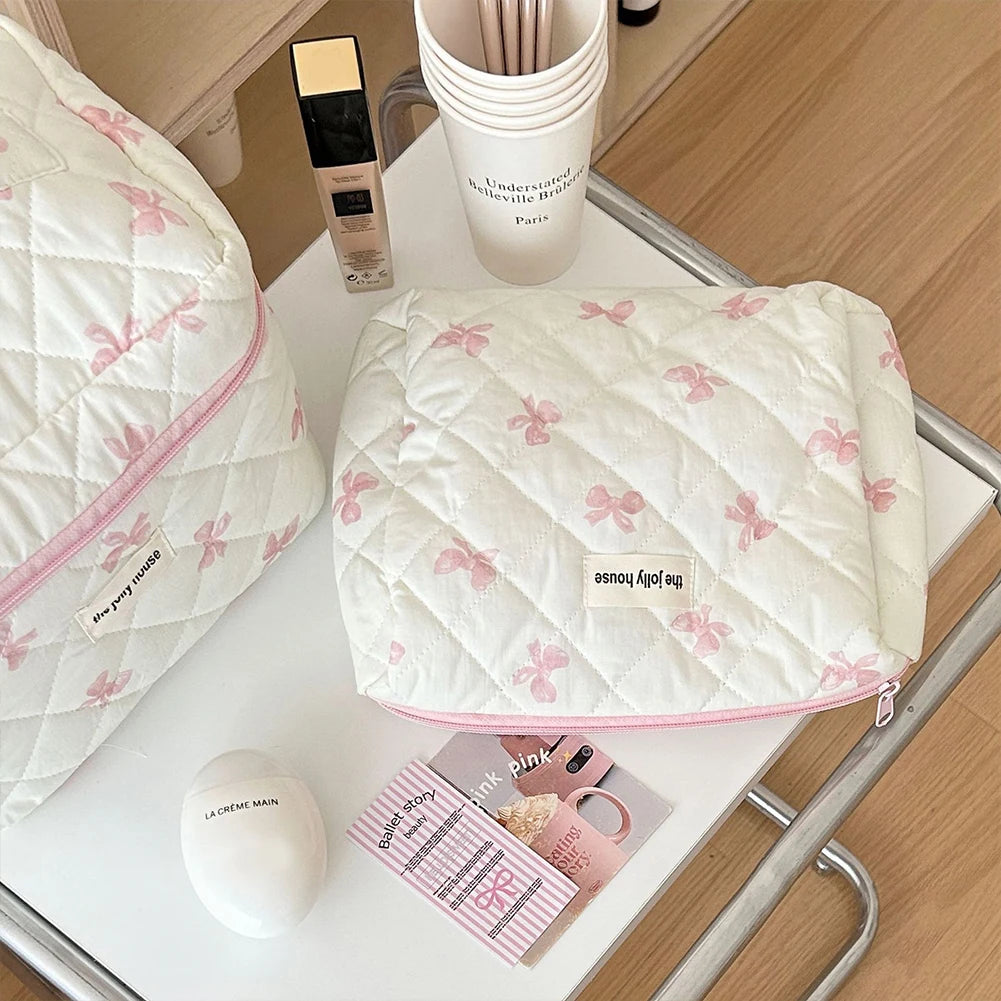 Trousse à cosmétiques en coton matelassé pour femmes et filles, trousse de maquillage, sac de soin de la peau avec fermeture éclair, joli nœud