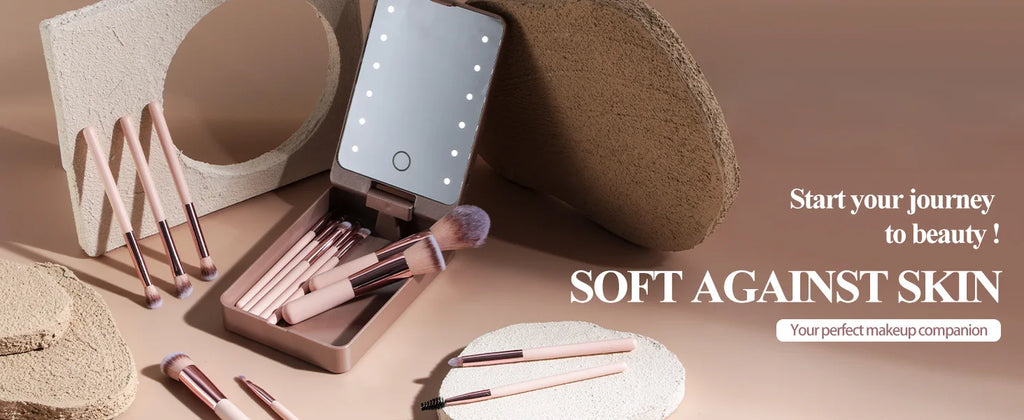 Ensemble de pinceaux de maquillage 14 pièces avec miroir éclairé, manche court Portable, lumière LED, Kit de pinceaux de maquillage rechargeables USB