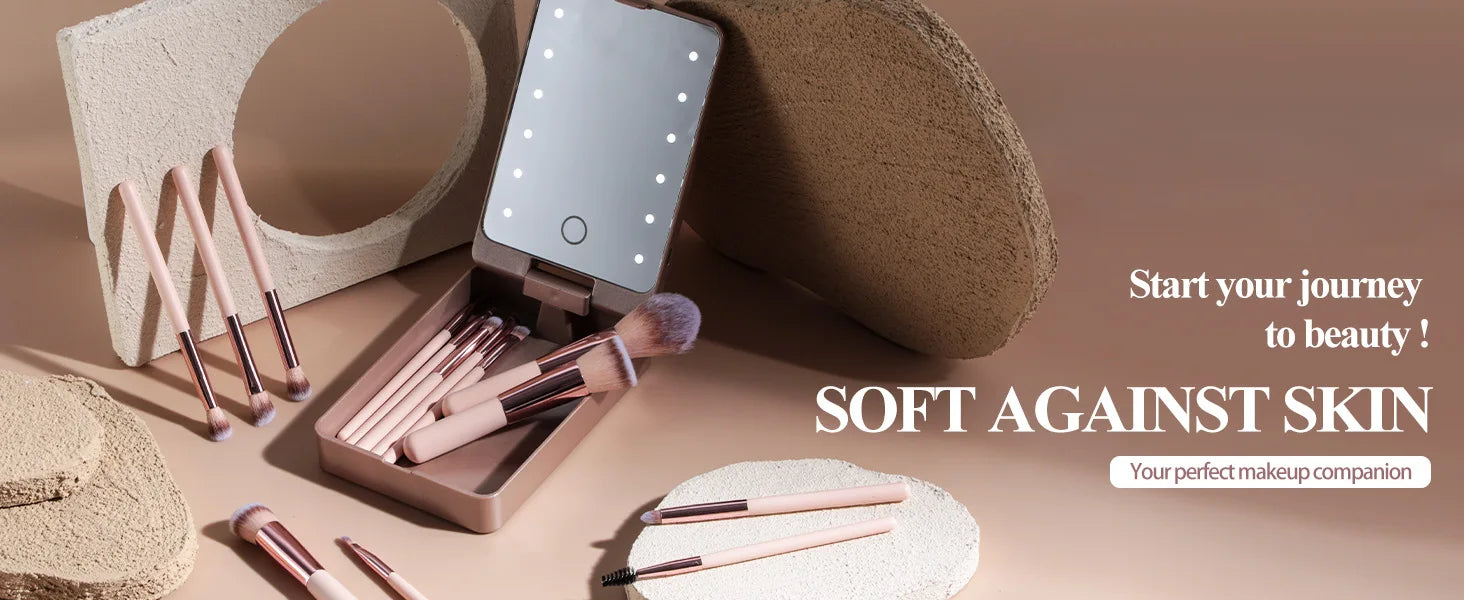 Ensemble de pinceaux de maquillage 14 pièces avec miroir éclairé, manche court Portable, lumière LED, Kit de pinceaux de maquillage rechargeables USB