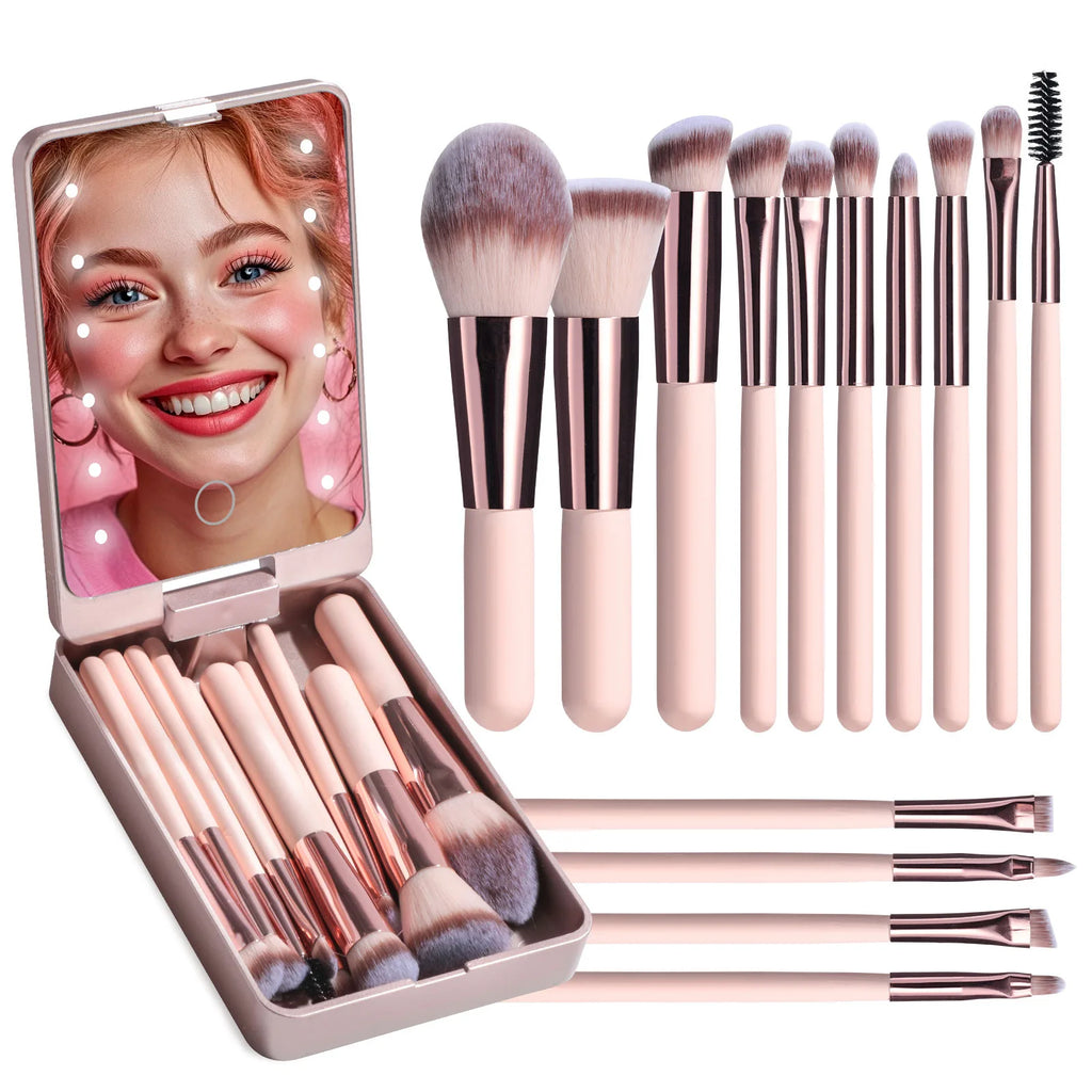 Ensemble de pinceaux de maquillage 14 pièces avec miroir éclairé, manche court Portable, lumière LED, Kit de pinceaux de maquillage rechargeables USB