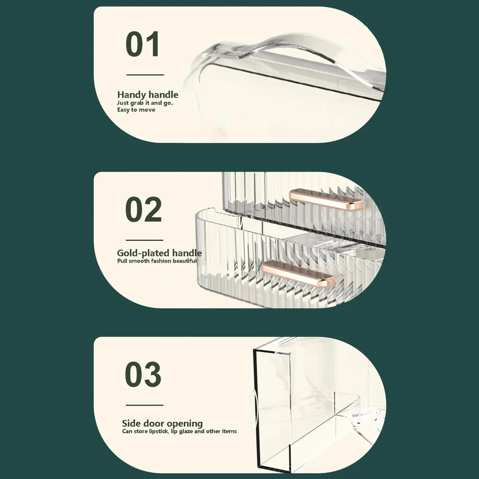 Boîte de rangement de cosmétiques avec couvercle et poignée, grande boîte de rangement de maquillage, tiroirs pour vitrines de soins de la peau, comptoir de salle de bain