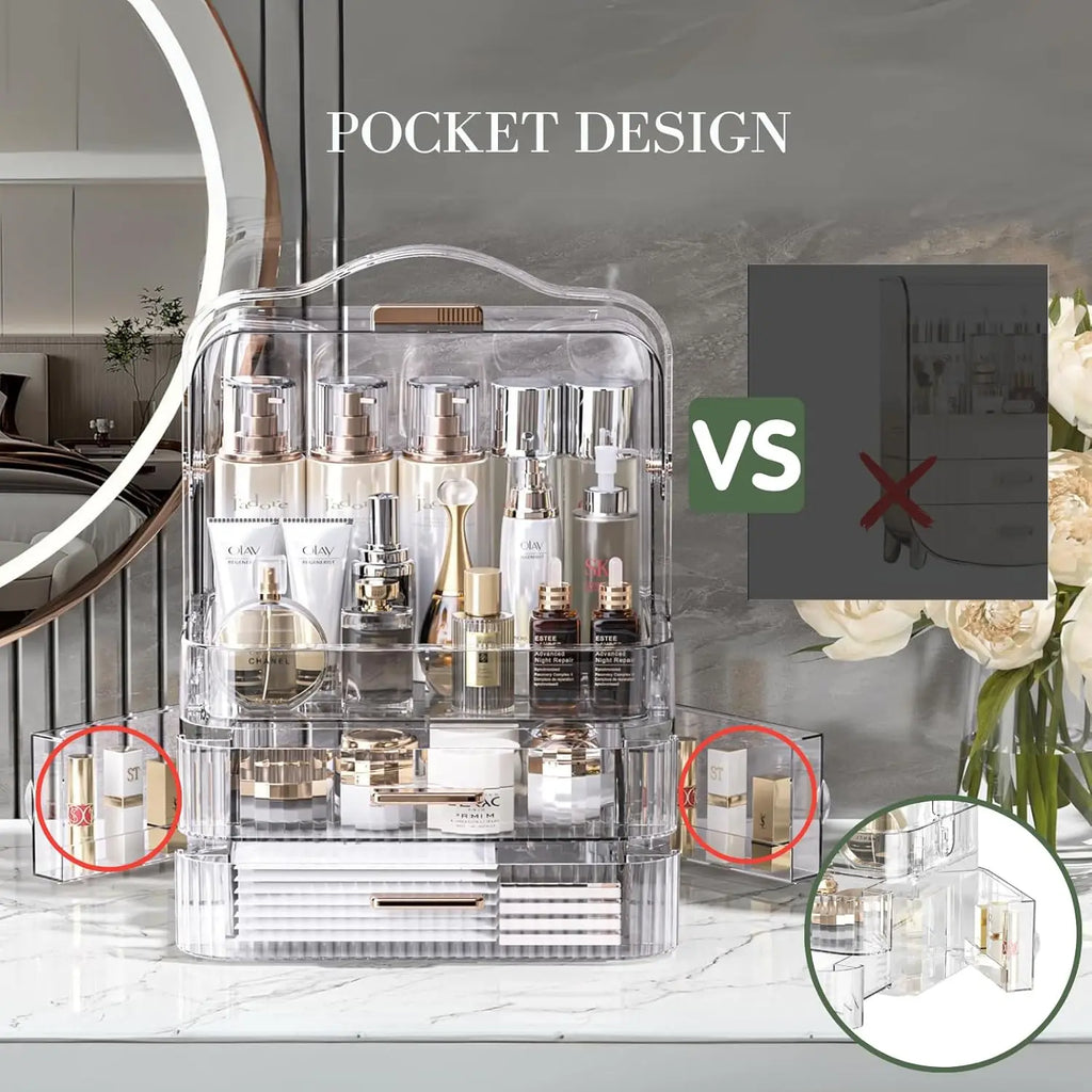 Boîte de rangement de cosmétiques avec couvercle et poignée, grande boîte de rangement de maquillage, tiroirs pour vitrines de soins de la peau, comptoir de salle de bain