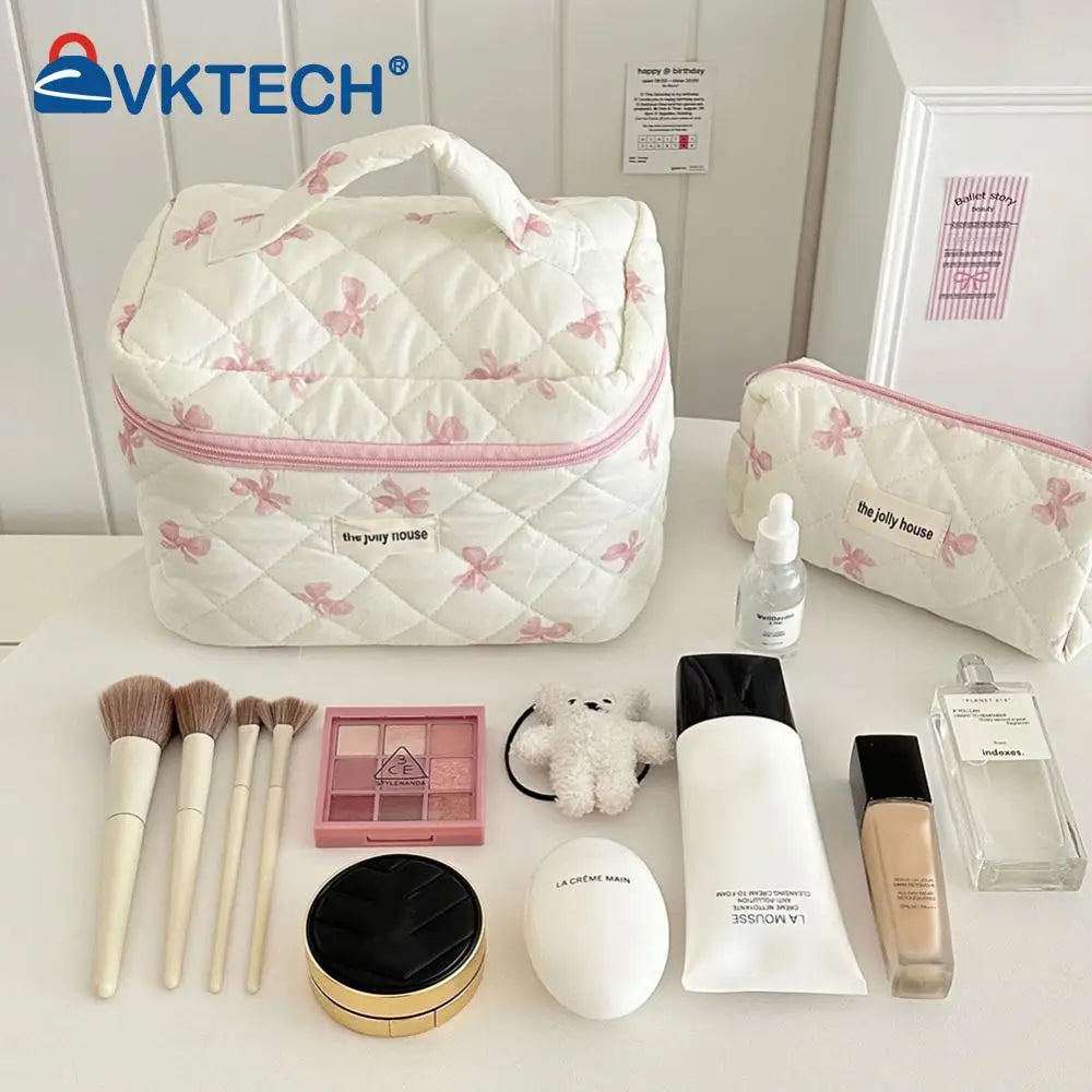 Trousse à cosmétiques en coton matelassé pour femmes et filles, trousse de maquillage, sac de soin de la peau avec fermeture éclair, joli nœud