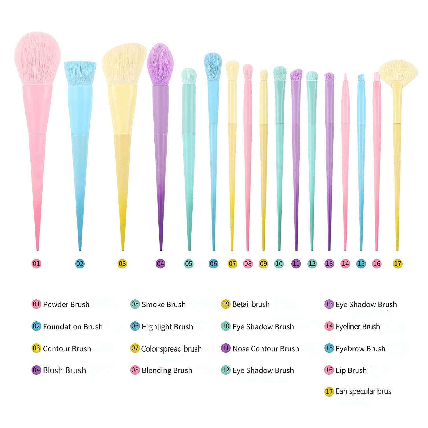 17 pinceaux de maquillage multicolores pinceaux de couleur ensemble de pinceaux de maquillage outils de maquillage ensemble complet