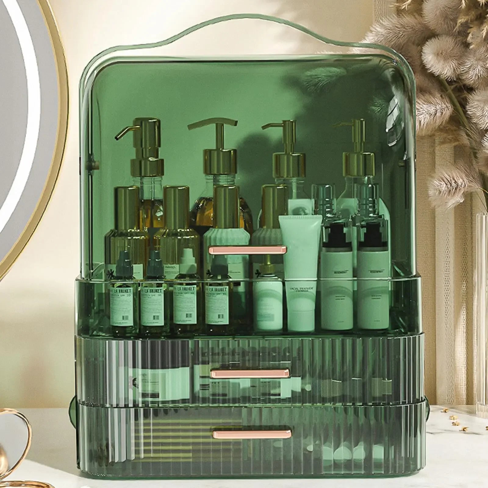 Boîte de rangement de cosmétiques avec couvercle et poignée, grande boîte de rangement de maquillage, tiroirs pour vitrines de soins de la peau, comptoir de salle de bain