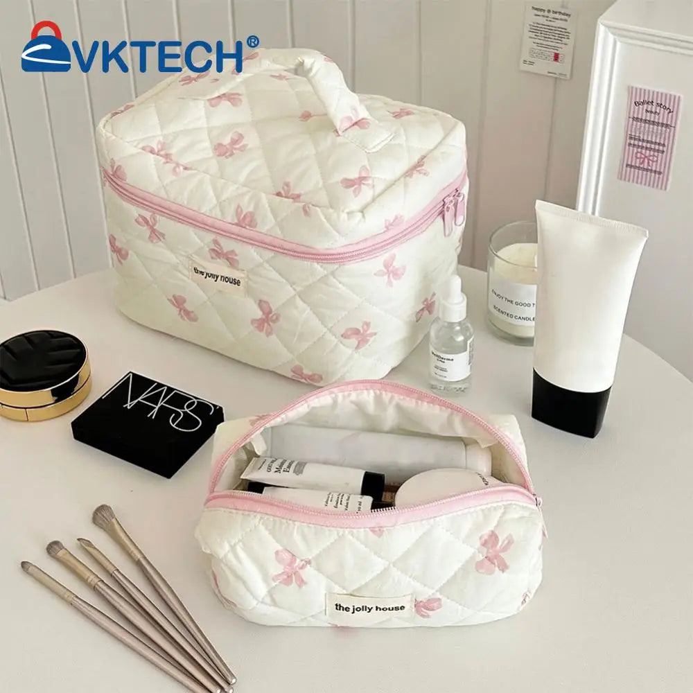 Trousse à cosmétiques en coton matelassé pour femmes et filles, trousse de maquillage, sac de soin de la peau avec fermeture éclair, joli nœud