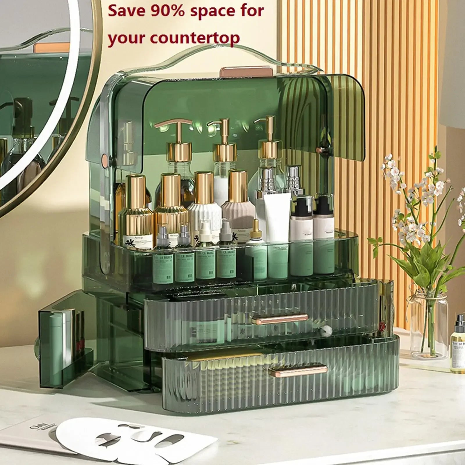 Boîte de rangement de cosmétiques avec couvercle et poignée, grande boîte de rangement de maquillage, tiroirs pour vitrines de soins de la peau, comptoir de salle de bain