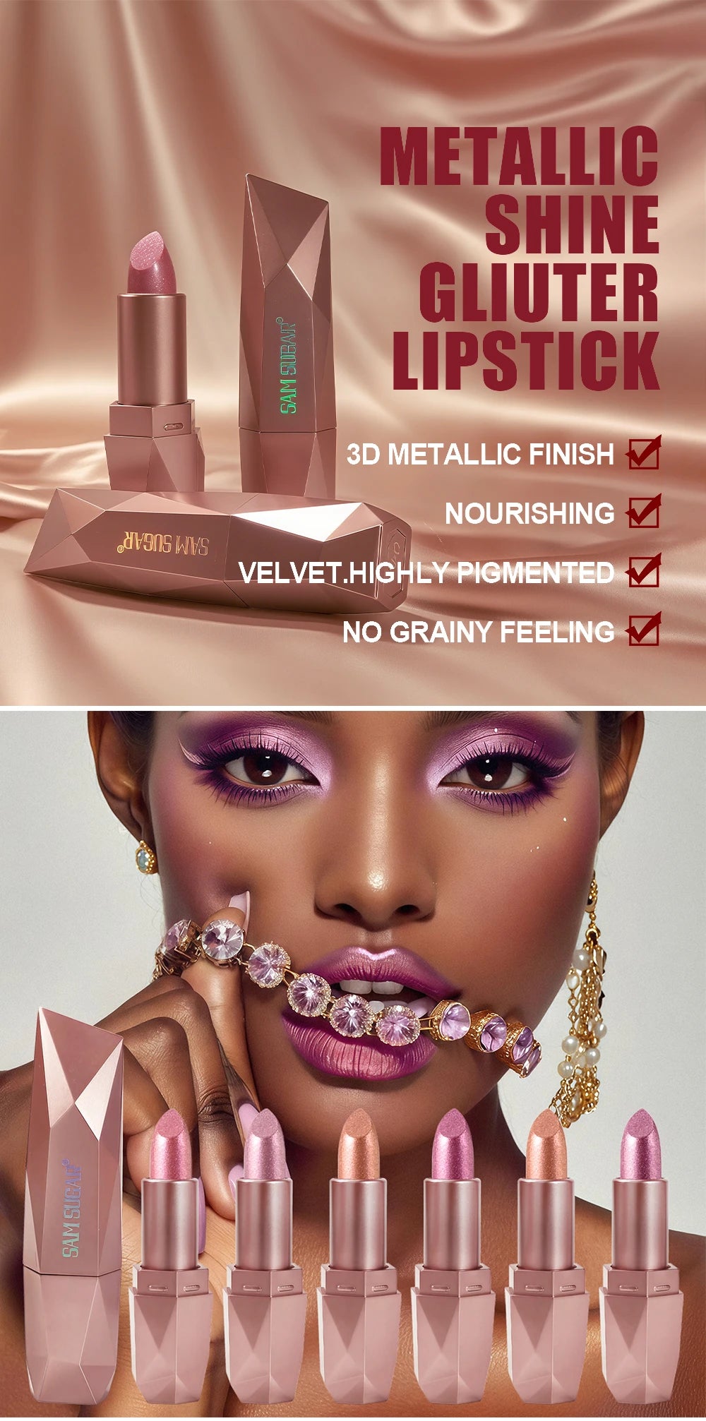 Rouge à lèvres métallique polygone, paillettes longue durée, Orange, rouge, hydratant, lumineux, scintillant, brillant, maquillage