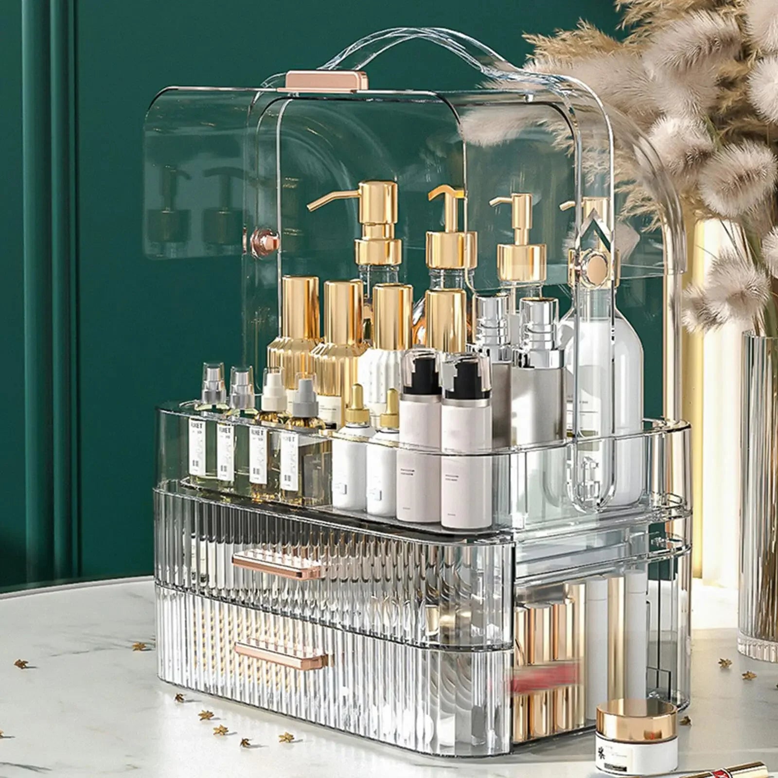 Boîte de rangement de cosmétiques avec couvercle et poignée, grande boîte de rangement de maquillage, tiroirs pour vitrines de soins de la peau, comptoir de salle de bain