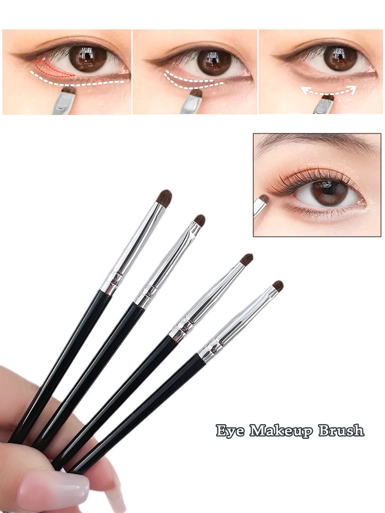1 lot de 4 pinceaux de maquillage pour détails des yeux noirs, poils de poney, ombre à paupières de précision couchée, ver à soie, applicateur d'eye-liner éclaircissant, petit