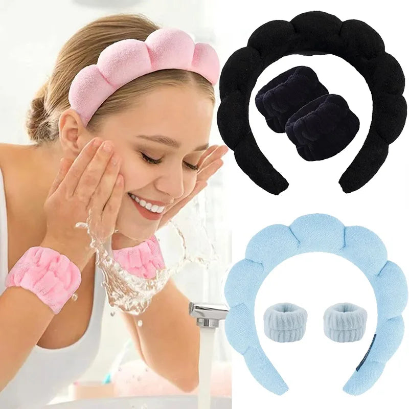 Bandeaux de sauna en éponge bouffante pour femmes et filles, masque facial de yoga, cheveux de sport, lavage du visage, soins de la peau, spa de maquillage, 3 pièces par ensemble