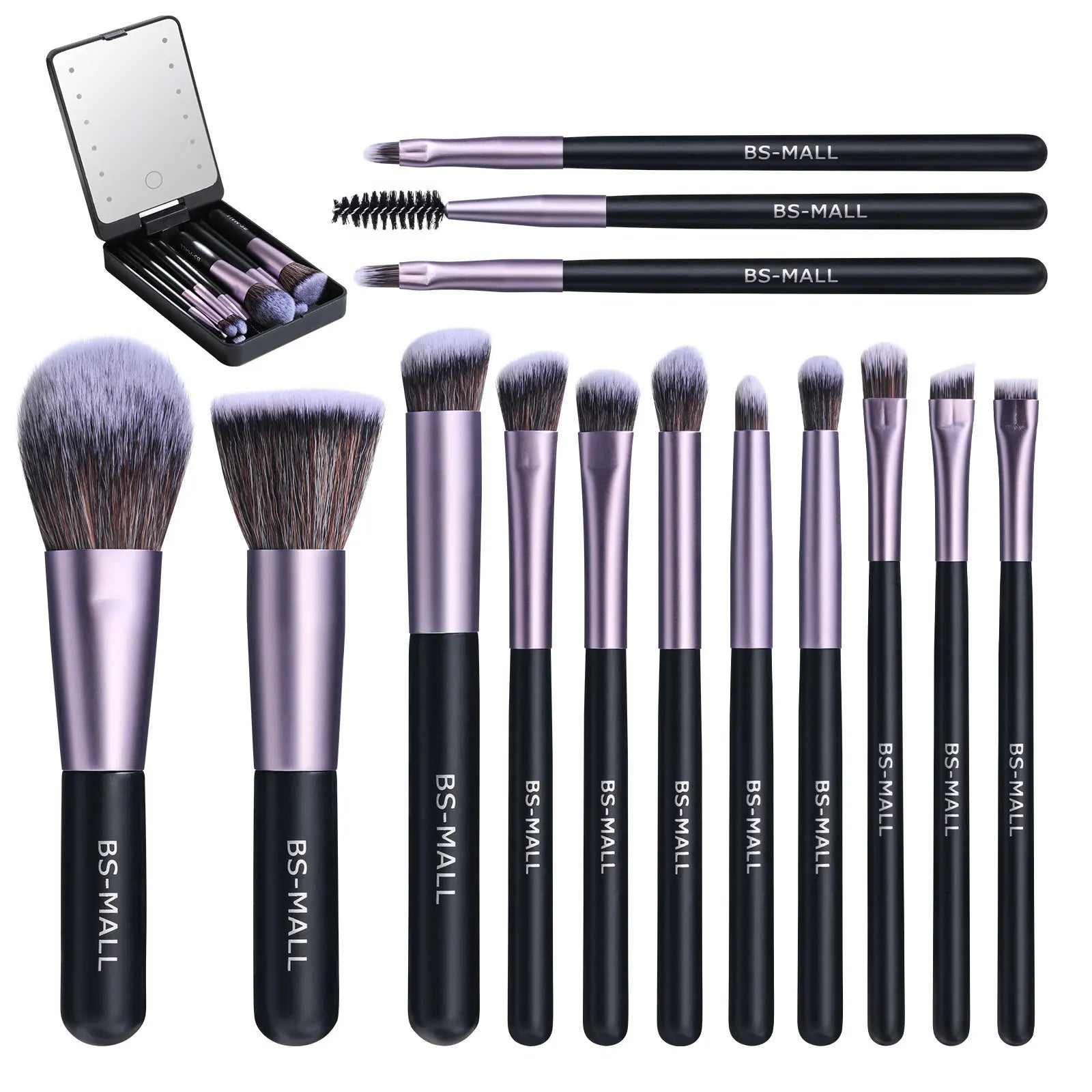 Ensemble de pinceaux de maquillage 14 pièces avec miroir éclairé, manche court Portable, lumière LED, Kit de pinceaux de maquillage rechargeables USB