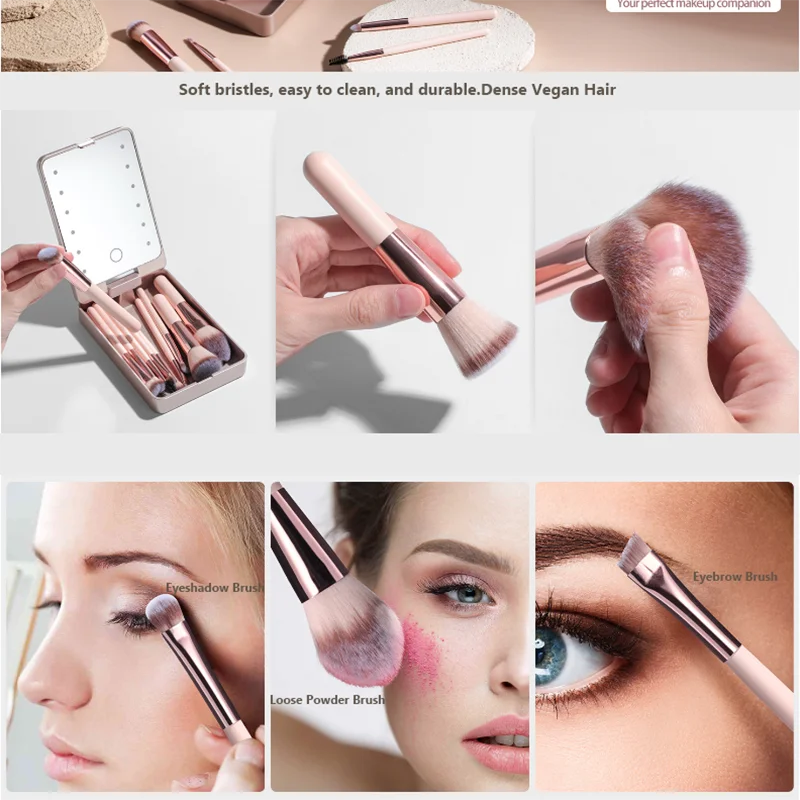 Ensemble de pinceaux de maquillage 14 pièces avec miroir éclairé, manche court Portable, lumière LED, Kit de pinceaux de maquillage rechargeables USB
