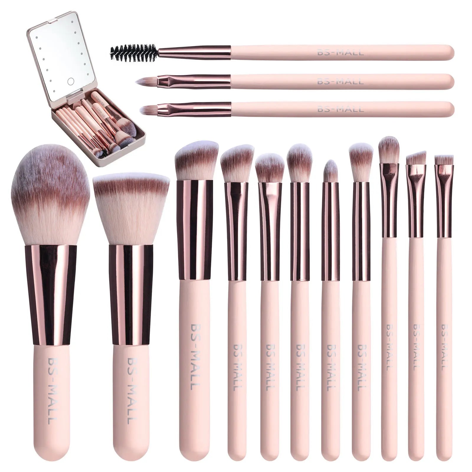 Ensemble de pinceaux de maquillage 14 pièces avec miroir éclairé, manche court Portable, lumière LED, Kit de pinceaux de maquillage rechargeables USB