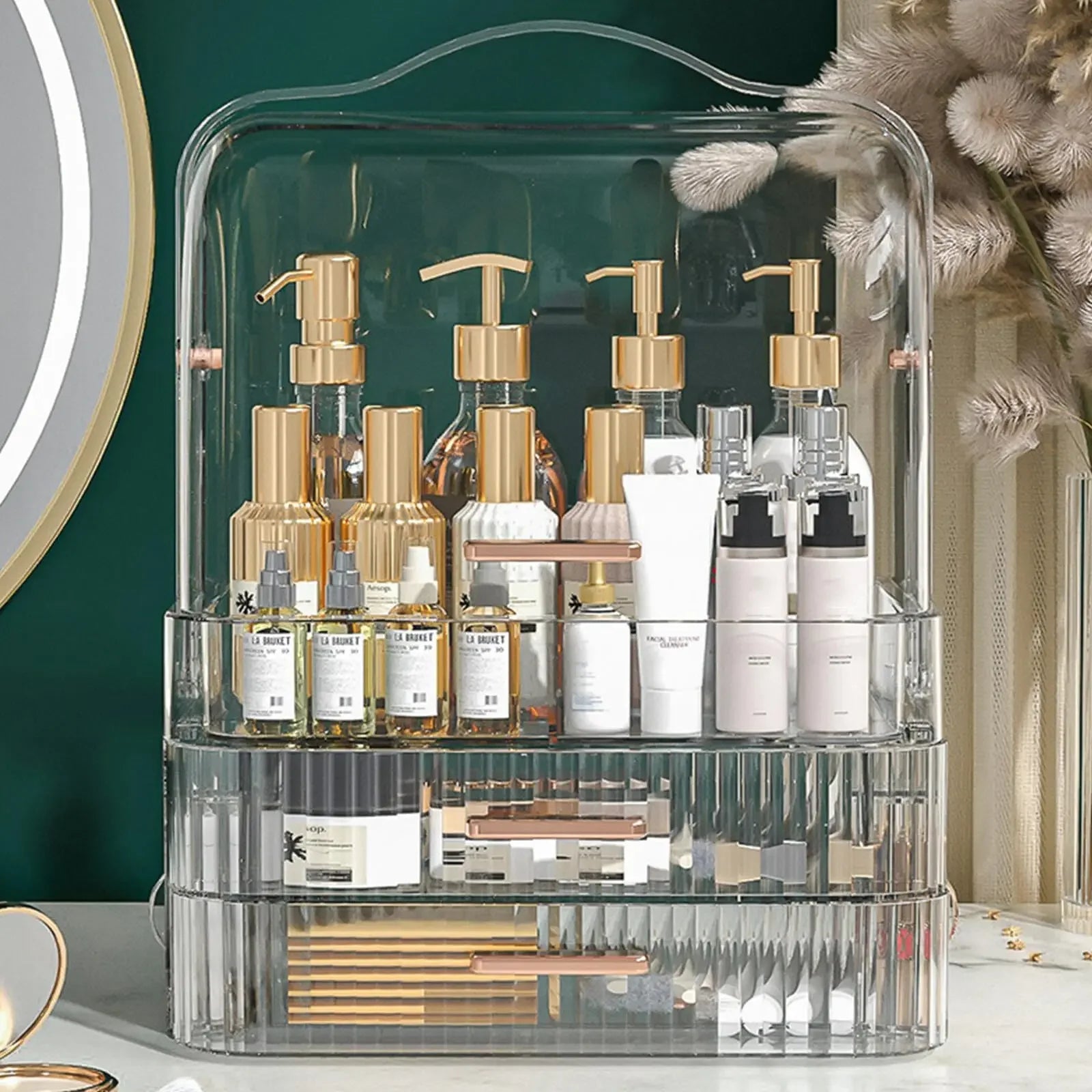 Boîte de rangement de cosmétiques avec couvercle et poignée, grande boîte de rangement de maquillage, tiroirs pour vitrines de soins de la peau, comptoir de salle de bain