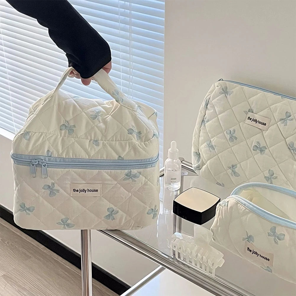 Trousse à cosmétiques en coton matelassé pour femmes et filles, trousse de maquillage, sac de soin de la peau avec fermeture éclair, joli nœud