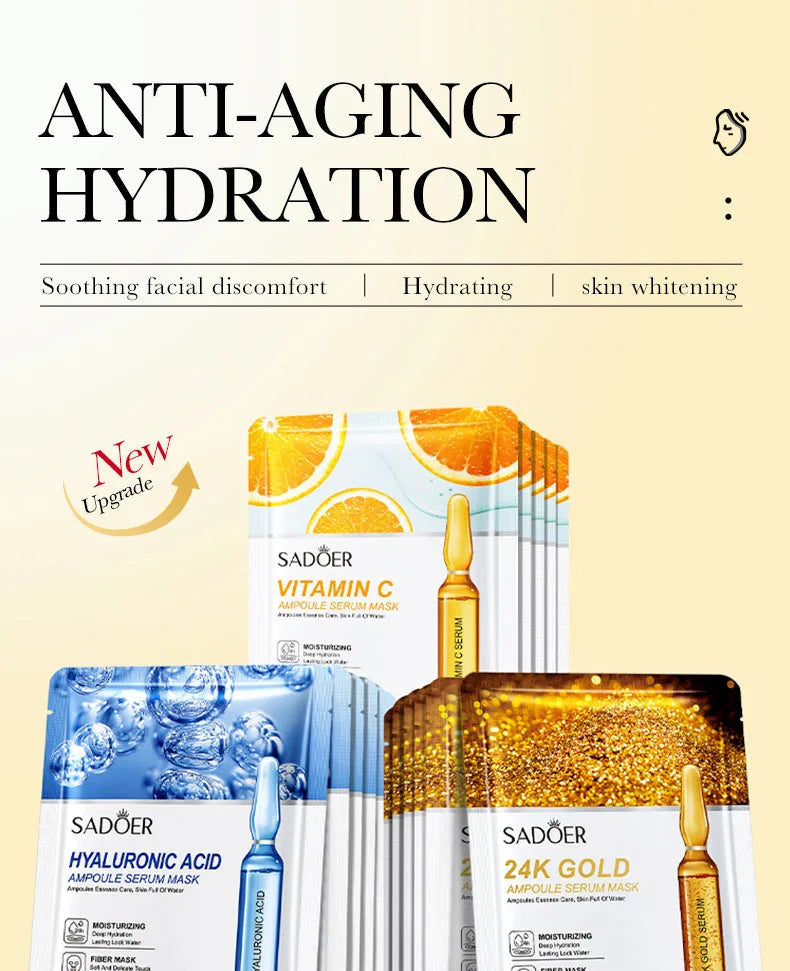 10 pièces SADOER 24K or vitamine C acide hyaluronique masque Facial hydratant raffermissant hydratant masques faciaux produits de soins de la peau