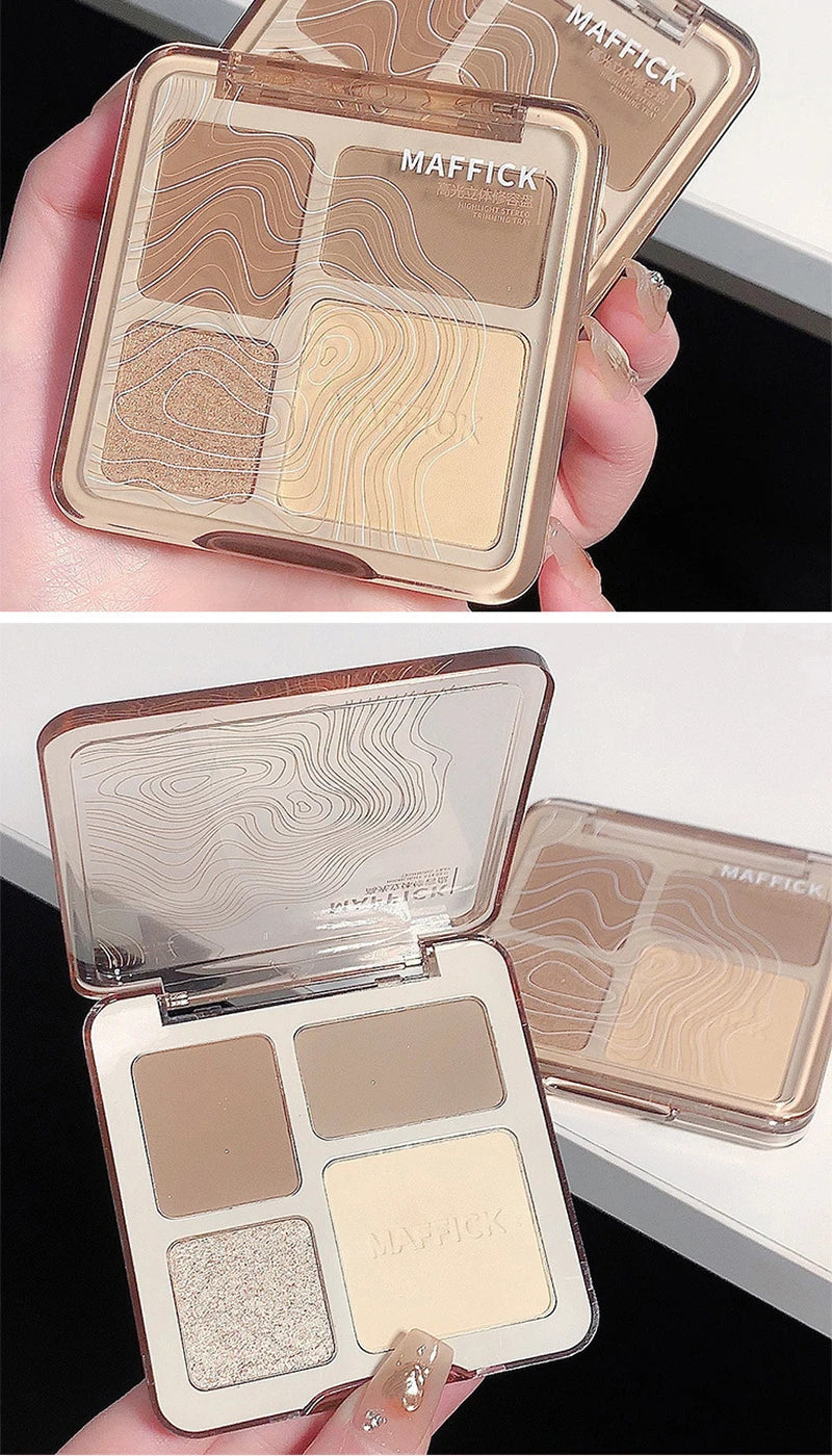 MAFFICK Palette de contour 4 couleurs : éclaircissant mat et reflets scintillants - Palette polyvalente multi-usage pour ombre à paupières, contour,