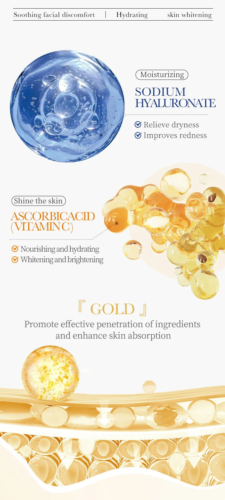 10 pièces SADOER 24K or vitamine C acide hyaluronique masque Facial hydratant raffermissant hydratant masques faciaux produits de soins de la peau